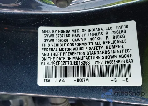 2018 Honda Civic Ex from USA, damaged, VIN 19XFC2F70JE016368